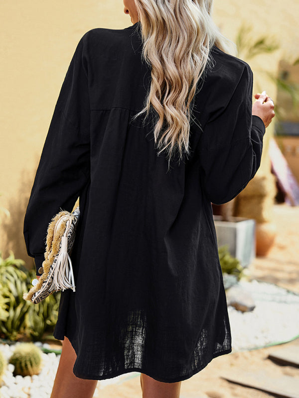 Vestido camisero de manga larga de color sólido para desplazamientos con temperamento de mujer 