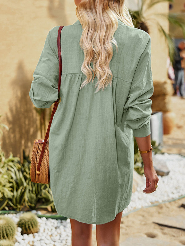 Vestido camisero de manga larga de color sólido para desplazamientos con temperamento de mujer 