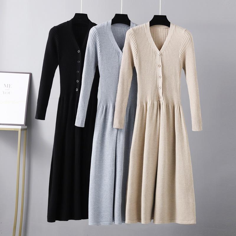 AB06QX Autumn And Winter New V-Neck Mid-length Over-knee Slim-fit Slimming Elegant Sweater Dress Knitted Dress Women