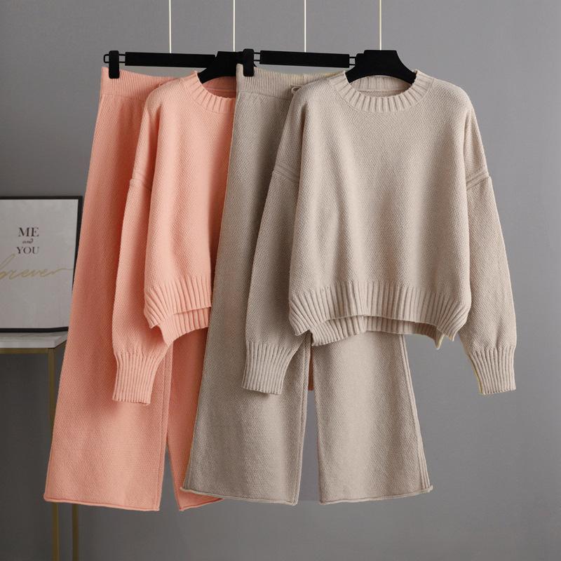 AB06QX 2023 Fall/Winter New Fashion Casual Knitted Suit Pants Women's Loose Sweater Wide-leg Pants Two-piece Set