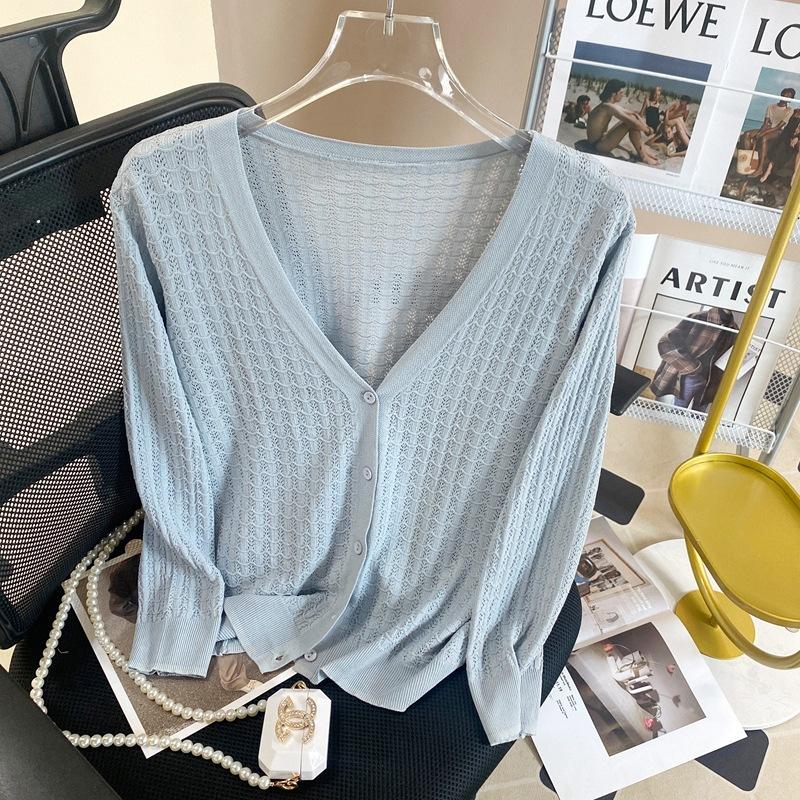 AB06QX Ice Silk Knitted Cardigan Women's Thin Spring And Summer Hollow-out Seven-point Sleeve Short Loose Outer Shawl Top Air-conditioning Shirt