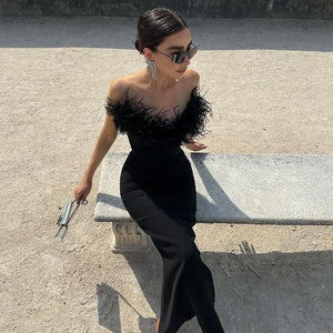 AB03CSJY22230 European And American Strapless Dress 2023 Autumn New Foreign Trade V-Neck Maomao Fishtail Dress