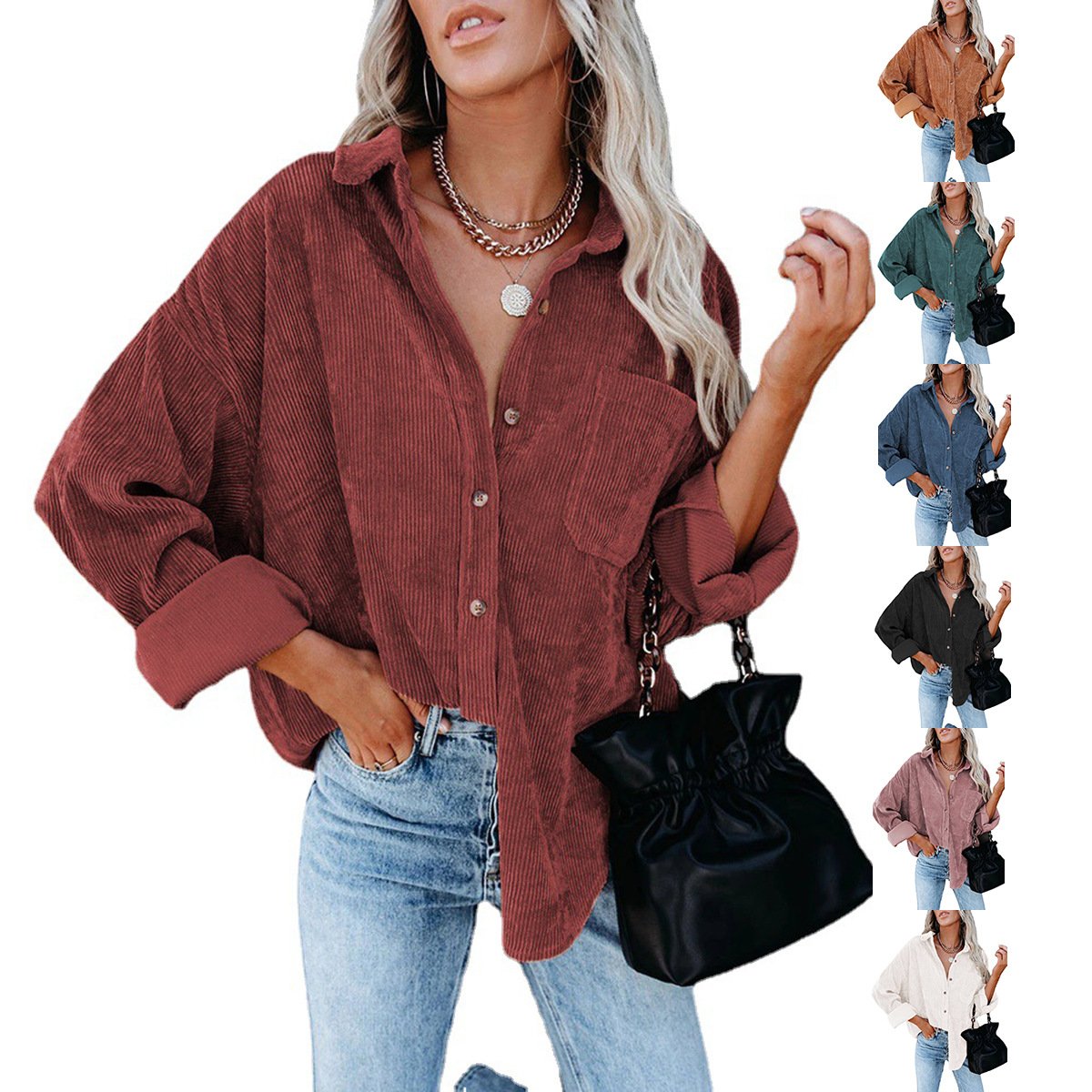 AB09HL Cross-border European And American Women's Clothing Amazon Independent Station Women's Corduroy Casual Loose Pocket Long Sleeve Shirt Jacket