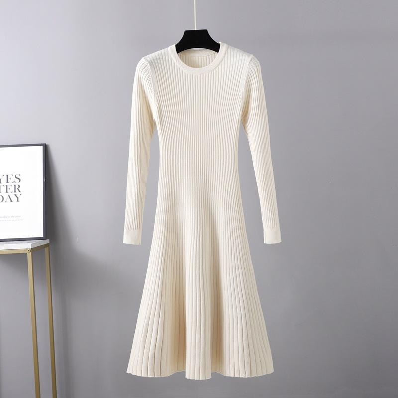 AB06QX Fall/Winter Slim-fit Dress Women's Medium-length Dress New Round Neck Dress Solid Color Base Sweater Dress A- Line Dress