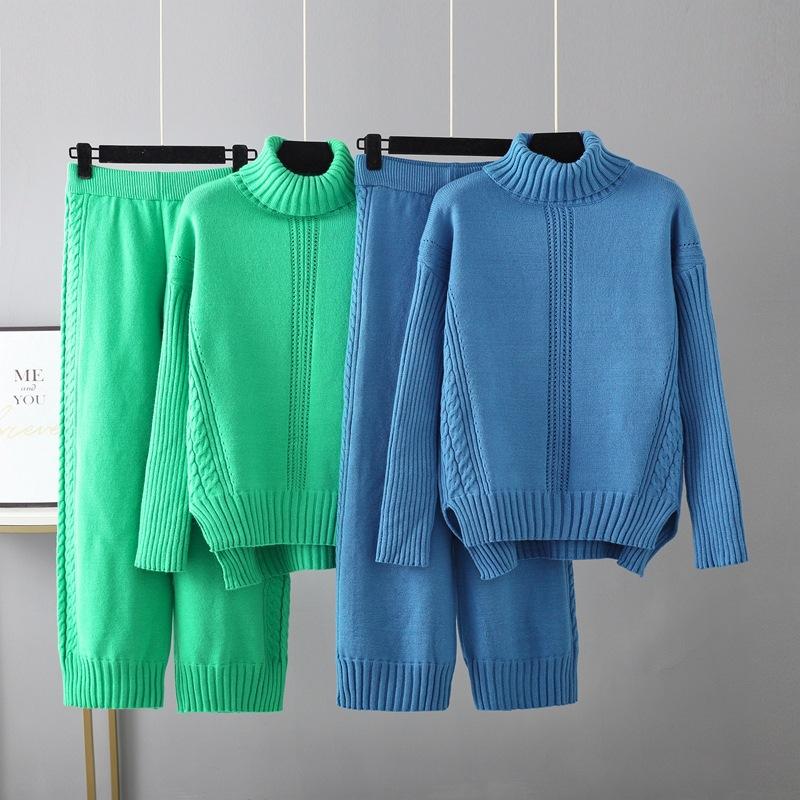 AB06QX Turtleneck Thickened Knitted Sweater Casual Fashion Suit Women's Autumn And Winter Loose Lazy Style Wide-leg Pants Two-piece Set
