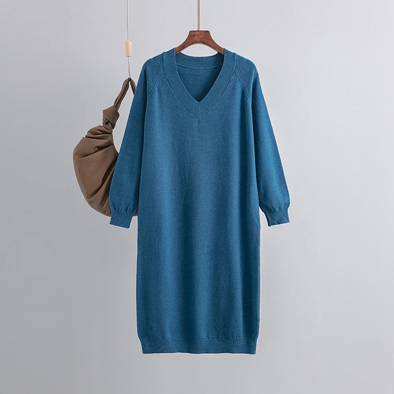 AB06QX V-Neck Plus Size Knitted Dress Autumn And Winter Slimming Women's Casual Loose Belly Covering