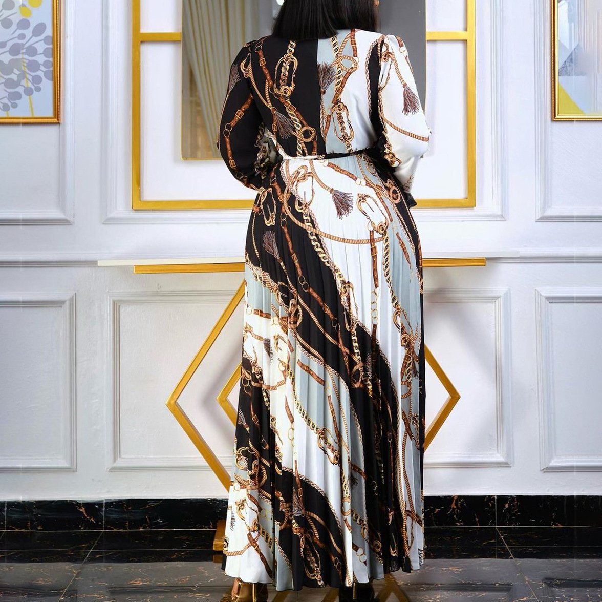 AB10ATE D211 Cross-border New 2022 Spring Long Sleeve Printed Pleated Strap Tongle European And American Long Skirt Plus Size Foreign Trade Dress