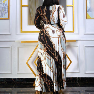 AB10ATE D211 Cross-border New 2022 Spring Long Sleeve Printed Pleated Strap Tongle European And American Long Skirt Plus Size Foreign Trade Dress