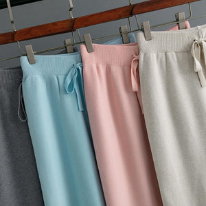 AB06QX 2023 Autumn And Winter New Women's European And American Style Solid Color Split Horn Knitted Trousers Wool Pants