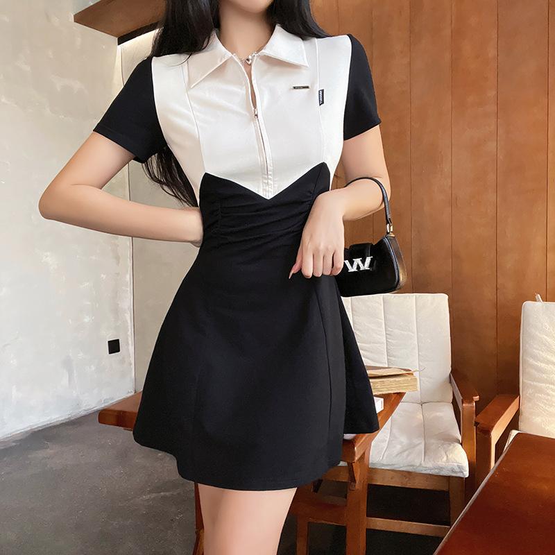 AB03CS Fresh Style New Contrast Color POLO Collar Tight Waist Slim-fit Short-sleeved Elegant Elegant Style A- Word Dress YJ23211LL