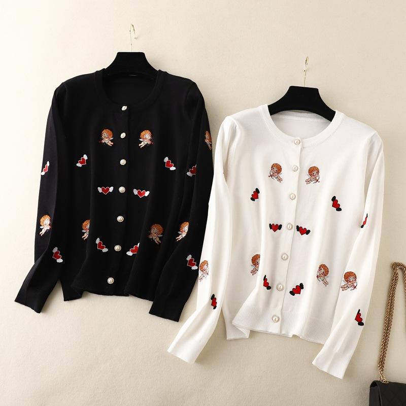 AB06QX Round Neck Embroidered Cardigan Knitted Jacket Slim-fit Pearl Button Top Small Fragrant Korean Sweater Women's Clothing