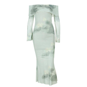 AB03CS YL23436 Autumn New Elegant Elegant Slim-fit Hip Skirt Fashion Mesh Printed Shoulder Dress Women