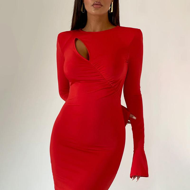AB03CSJY23582 Autumn New Sexy Spice Girl Tunic Long Dress Elegant Slim-fit Chest Hollow-out Long-sleeve Dress Women