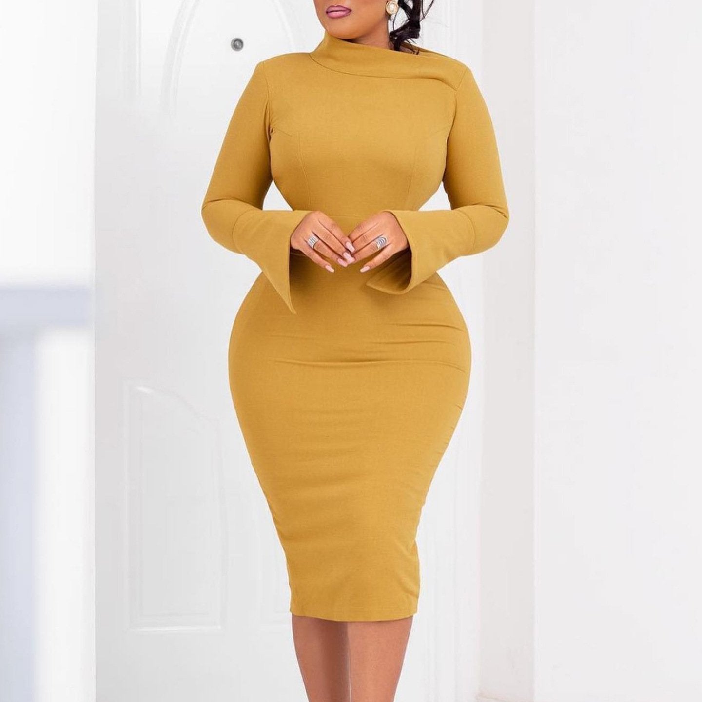 AB10ATE D441 Independent Station 2023 Autumn And Winter New Long Sleeve Hip Plus Size Diagonal Collar Solid Color Plus Size Women's African Dress