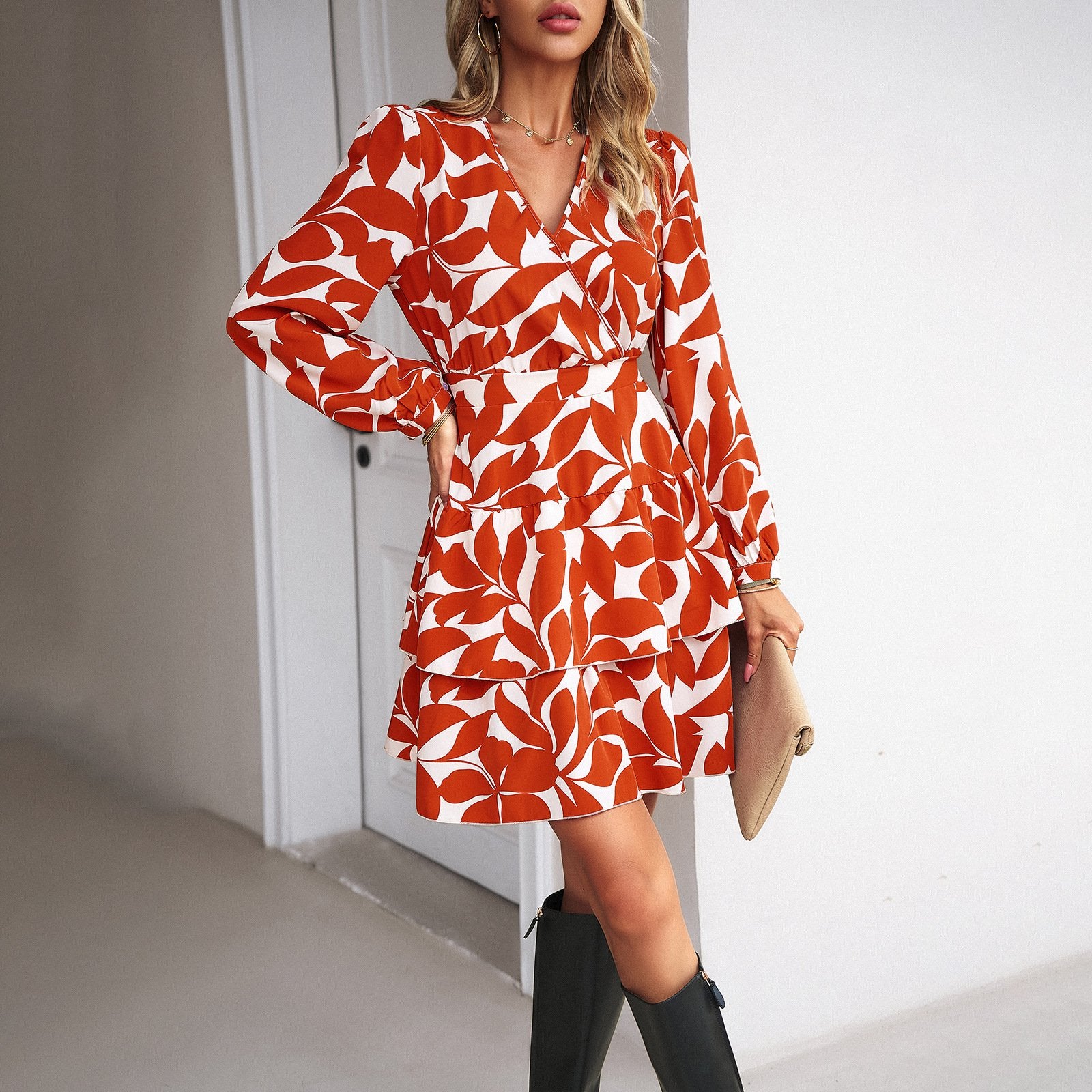 AB01DY Women's 2023 Autumn And Winter New Cross-border Independent Station Casual Printed V-neck Dress