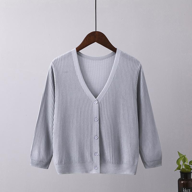 AB06QX Knit Sweater Women's Thin Cardigan Ice Silk Top Seven Sleeve Spring And Summer 2021 New Outer Wear V-Neck Loose Sunscreen Shirt
