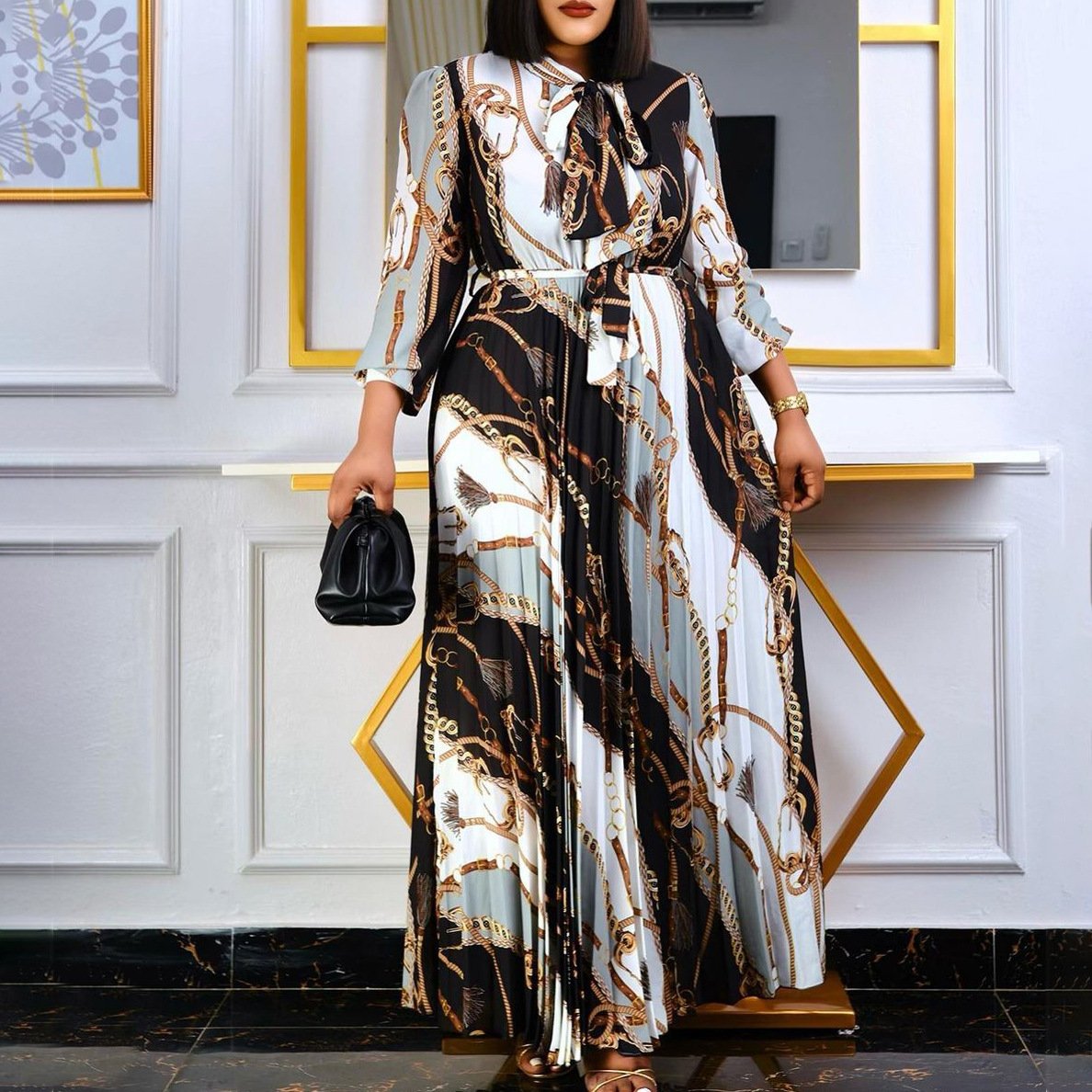 AB10ATE D211 Cross-border New 2022 Spring Long Sleeve Printed Pleated Strap Tongle European And American Long Skirt Plus Size Foreign Trade Dress