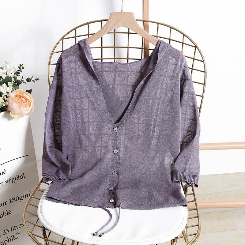 AB06QX 2019 Summer Linen Knitted Hooded Air-conditioning Shirt New Korean Loose Solid Color Lace-up Sun Protection Cardigan Jacket