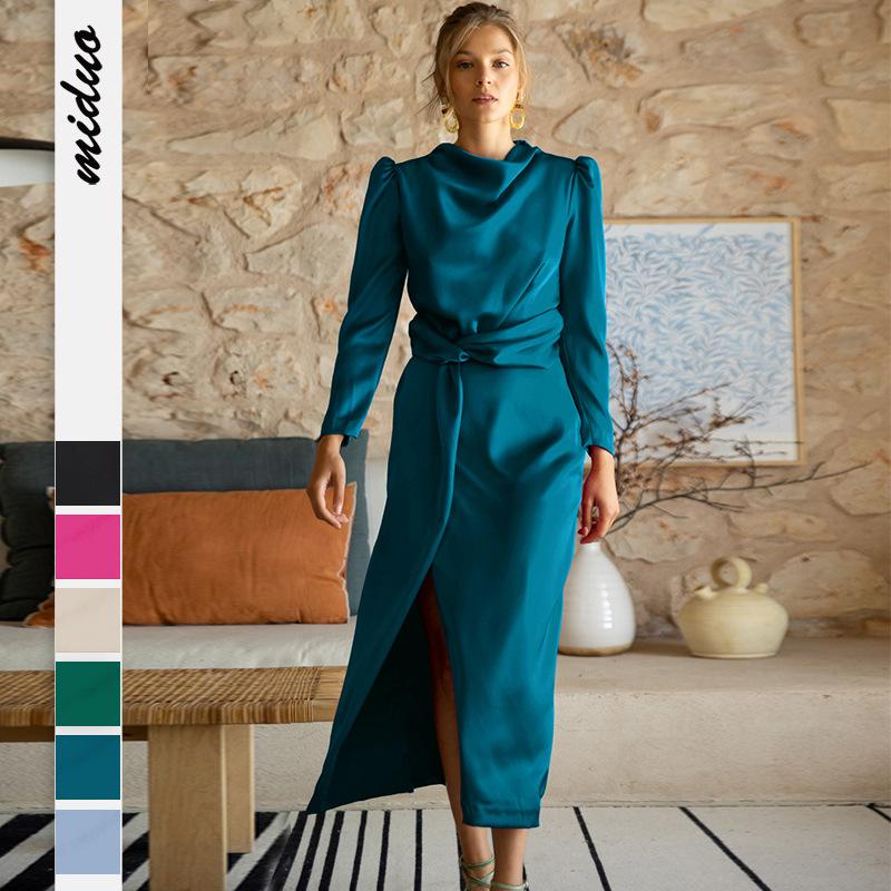 AB07MD 2023 Cross-border New Evening Dress High-grade Satin Dress Elegant Bridesmaid Dress Autumn And Winter Split
