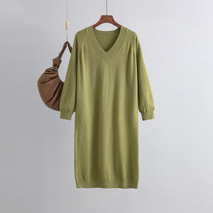 AB06QX V-Neck Plus Size Knitted Dress Autumn And Winter Slimming Women's Casual Loose Belly Covering