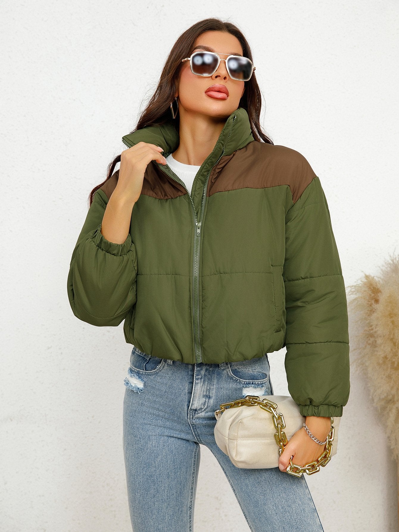 ABYS022023 Autumn And Winter New Solid Color Round Neck Zipper Long Sleeve Slim Pocket Bread Cotton-padded Jacket