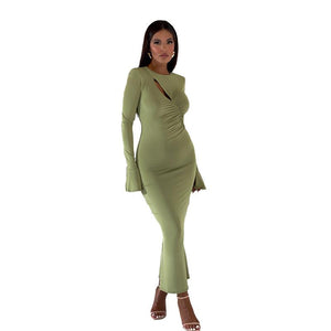 AB03CSJY23582 Autumn New Sexy Spice Girl Tunic Long Dress Elegant Slim-fit Chest Hollow-out Long-sleeve Dress Women