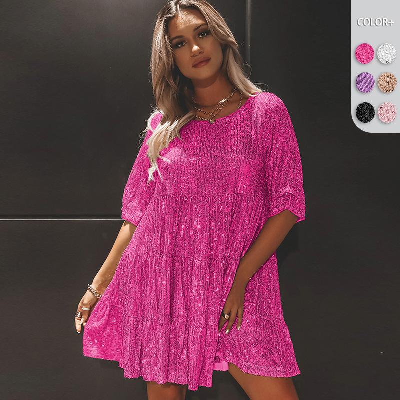 2023 Cross-border Hot Sequin Dress Autumn Women's Clothing European And American Foreign Trade Round Neck Sexy Bead A- Line Skirt