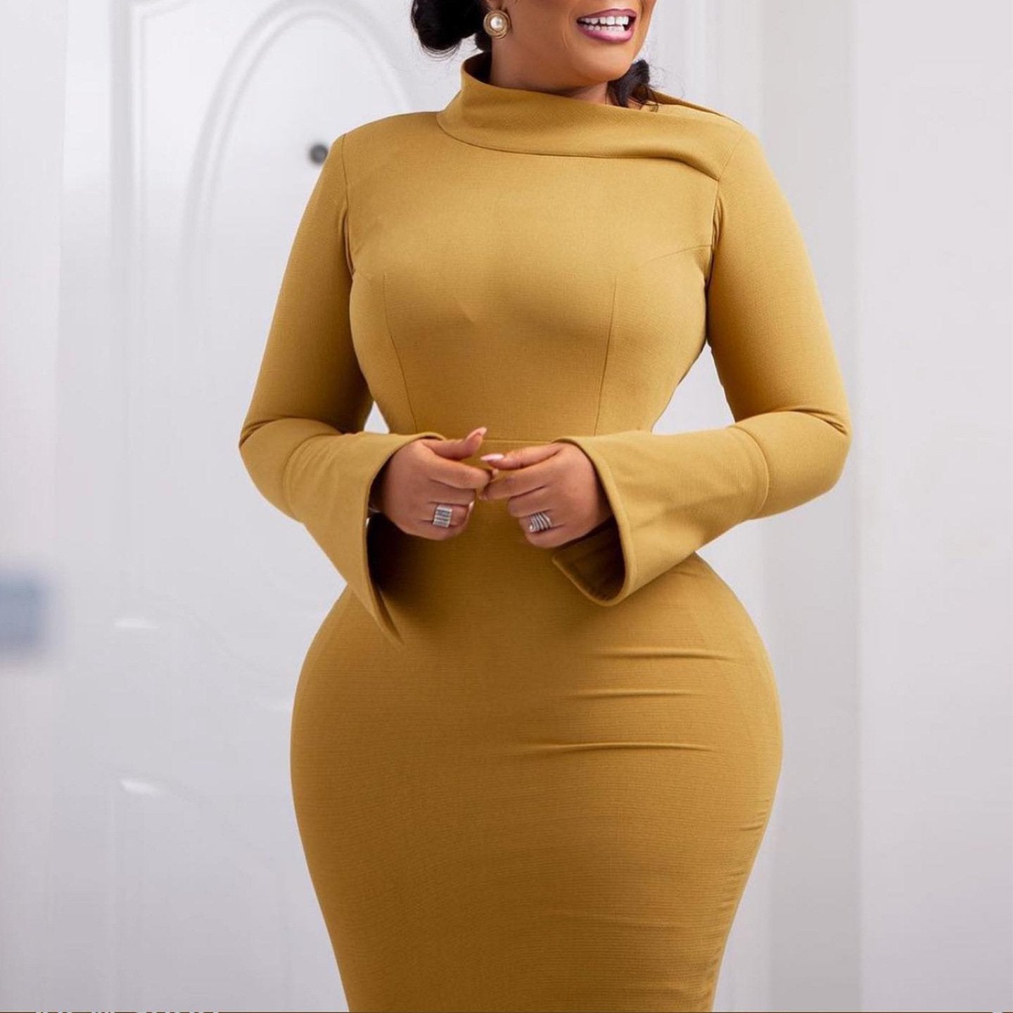 AB10ATE D441 Independent Station 2023 Autumn And Winter New Long Sleeve Hip Plus Size Diagonal Collar Solid Color Plus Size Women's African Dress