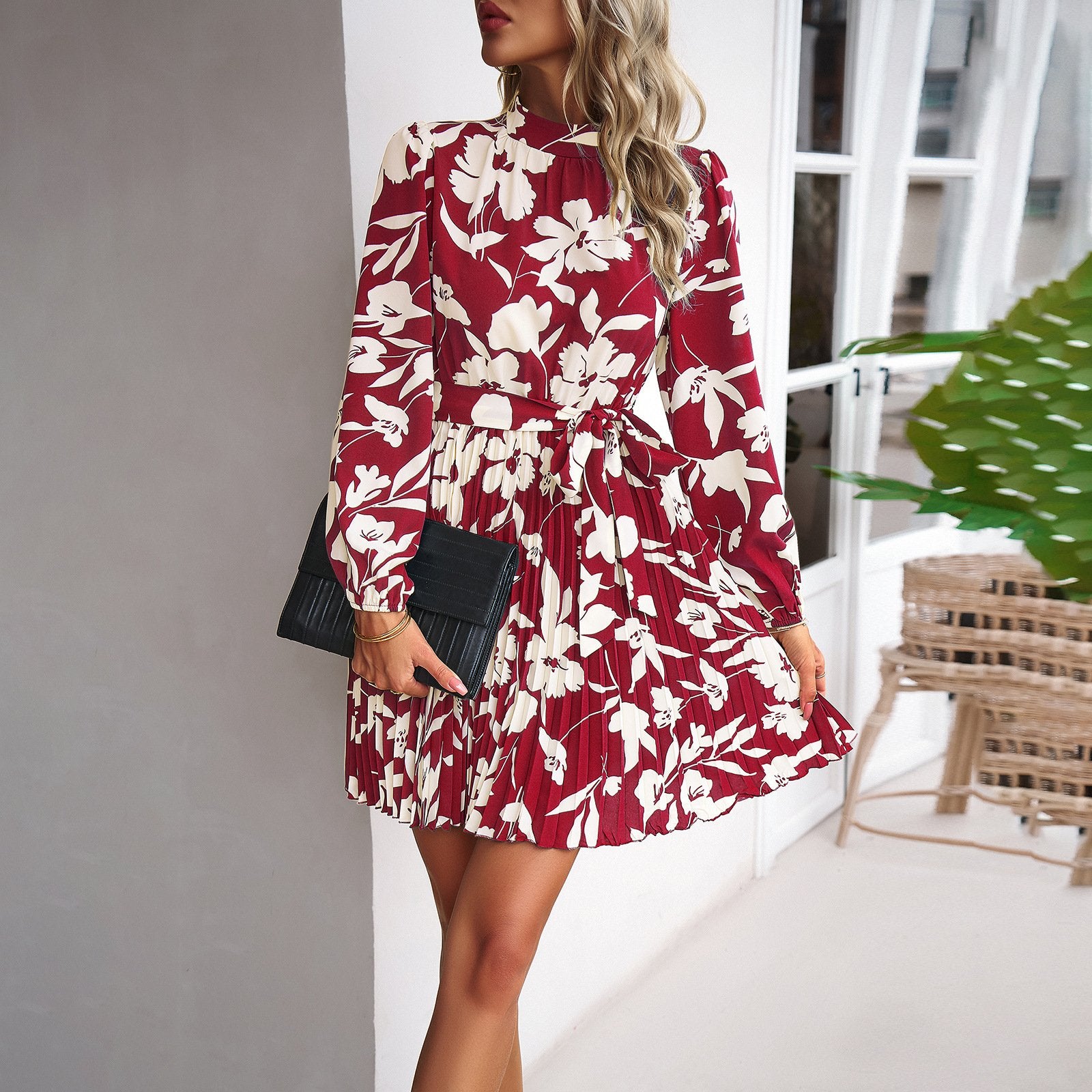 AB01DY Printed Dress 2023 Autumn And Winter Vacation Casual Long Sleeve Crewneck Pleated Skirt