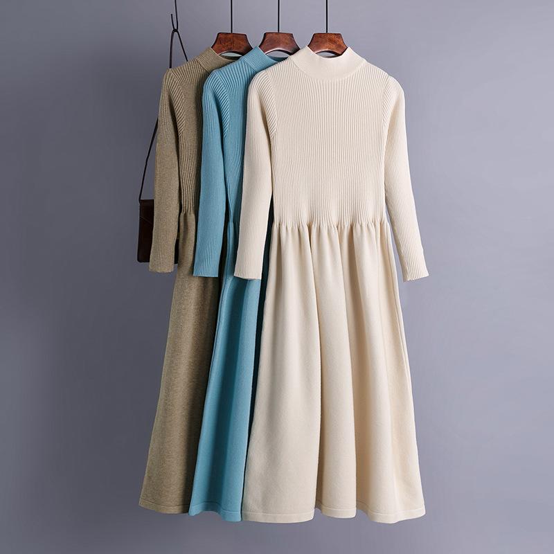 AB06QX Autumn And Winter Half High Neck Large Swing Long Knitted Dress Waisted Slimming Long Sleeve Simple Elegant Sweater Base Skirt For Women