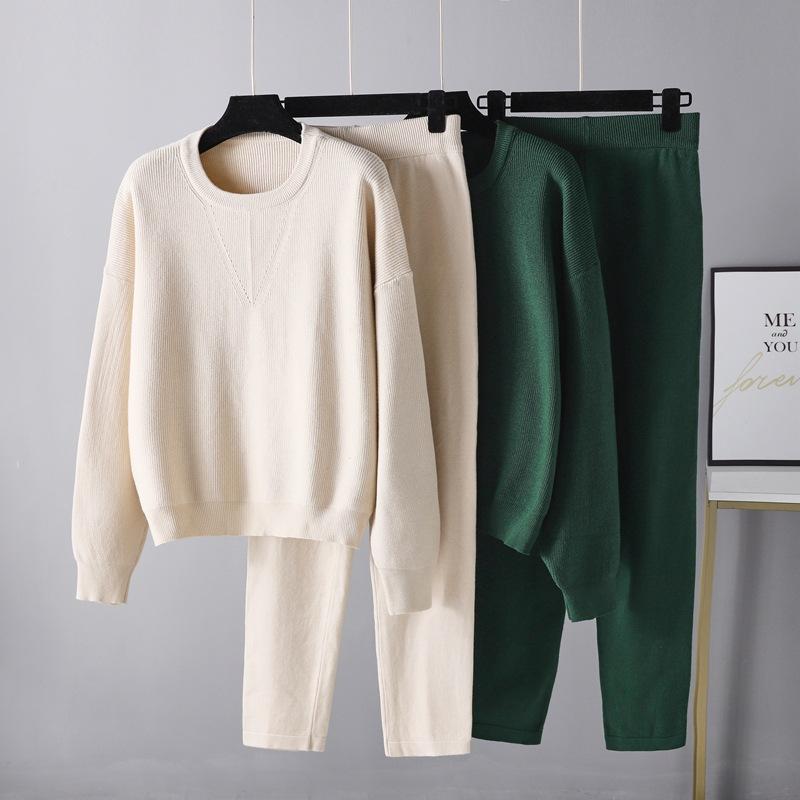 AB06QX Fall/Winter European And American Plus Size 2022 Fashion New Loose Casual Sweater Two-piece Solid Color Knitted Suit Women's Trendy