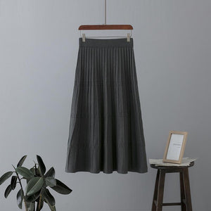 AB06QX Wool Knitted Skirt Women's Mid-length Thickened Autumn And Winter New High Waist Slimming A- Line Pleated Skirt Large Swing Umbrella Skirt