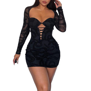AB03CSJY23427 Lace Long Sleeve Sexy Hollow Flocking Printed Dress Ins European And American Fashion Hot Girl Hip Skirt