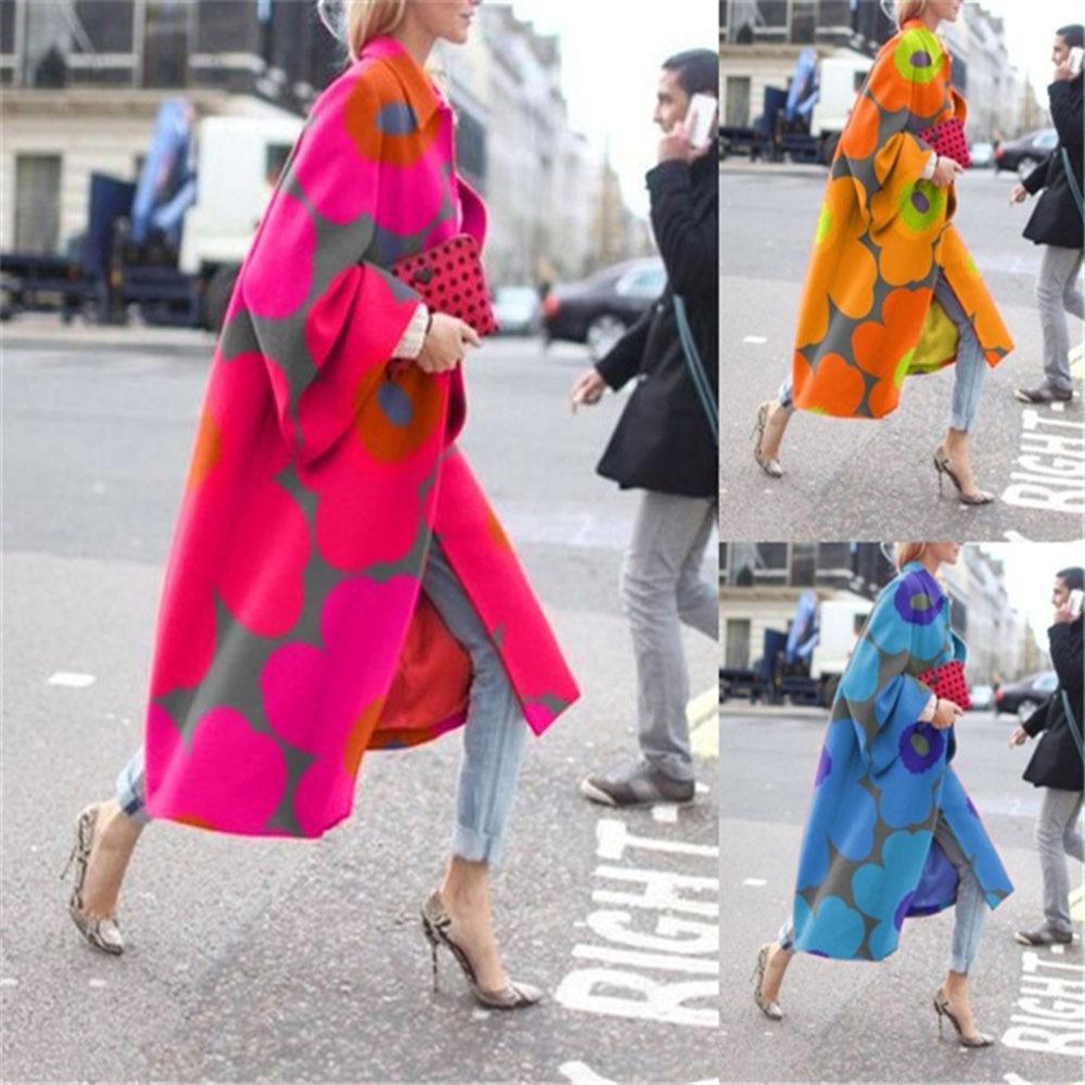 AB05SC 2023 Autumn And Winter New Wish Independent Station Ebay Amazon Long Bell Sleeve Coat Printed Loose Windbreaker Women