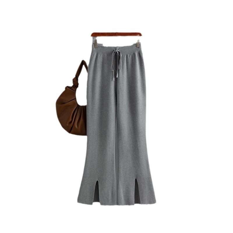AB06QX 2023 Autumn And Winter New Women's European And American Style Solid Color Split Horn Knitted Trousers Wool Pants
