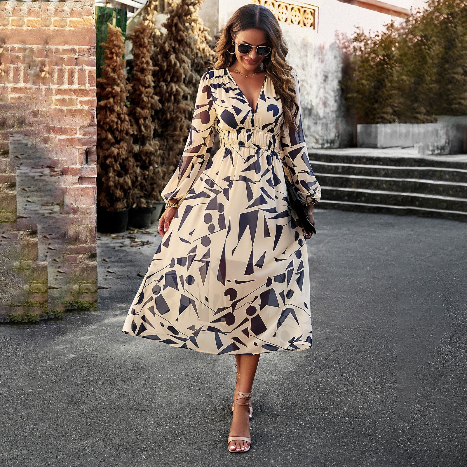 AB01DY Dress 2023 Autumn Foreign Trade Women's Clothing Bohemian Holiday Casual Print Long Dress