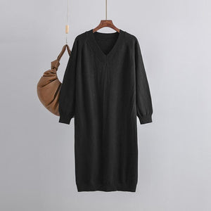 AB06QX V-Neck Plus Size Knitted Dress Autumn And Winter Slimming Women's Casual Loose Belly Covering