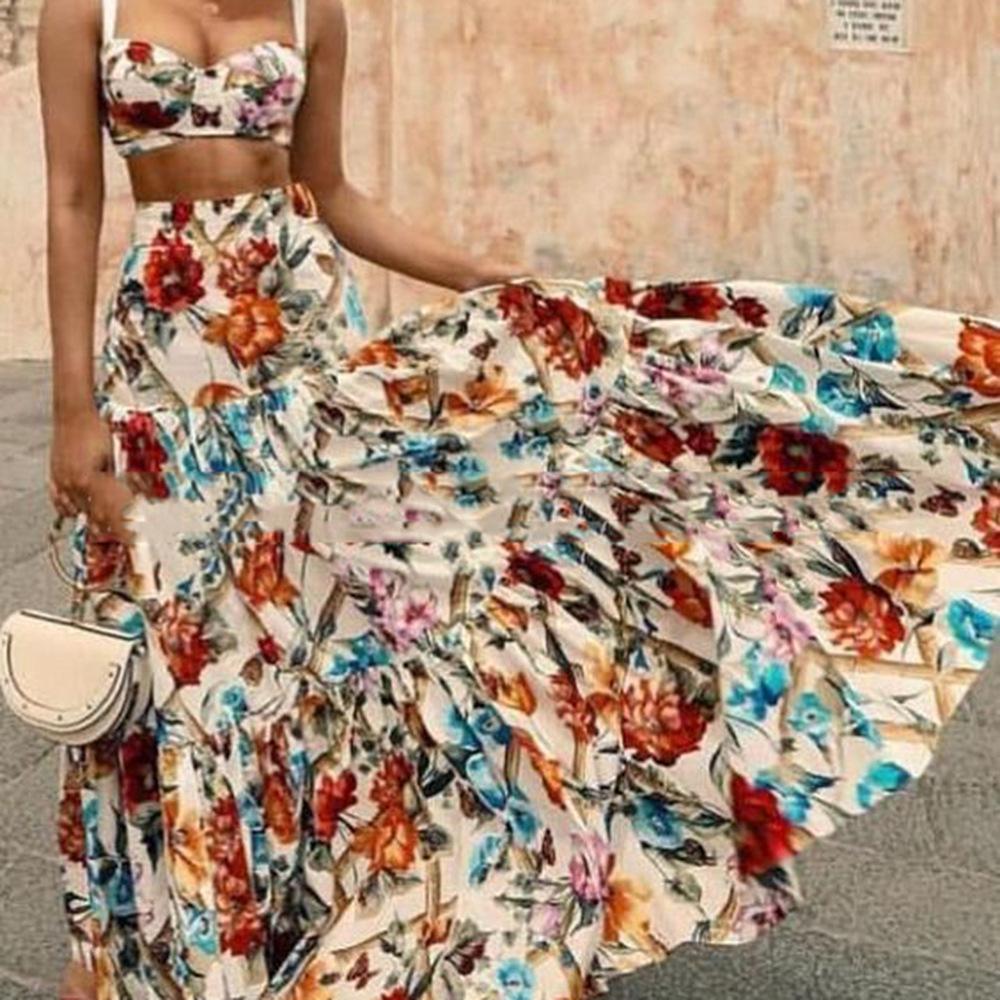 AB05SC 2023 Cross-border Spring And Summer New European And American Women's Sexy Temperament Sling Printed Dress Suit Beach Skirt Two-piece Pack
