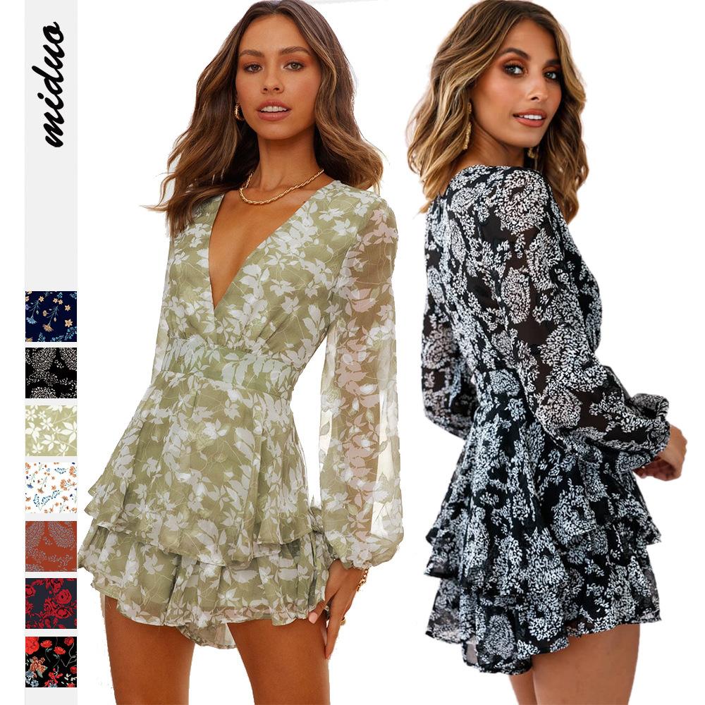AB07MD European And American New Arrival Jumpsuit Floral Digital Printed Deep V-neck Sexy Women's Ruffled Long Sleeve Strap Jumpsuit Shorts