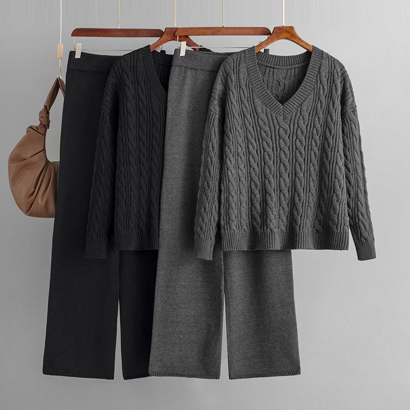 AB06QX European And American Fashion Wide Leg Pants Sweater Women's 2023 Autumn And Winter New Two-piece Women's Twist V-neck Knitted Suit