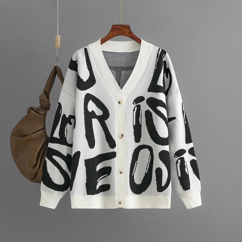 AB06QX Letter Jacquard Sweater Cardigan Women's 2023 Autumn And Winter New European And American Cross-border Women's Single-breasted Long-sleeved Sweater Outer