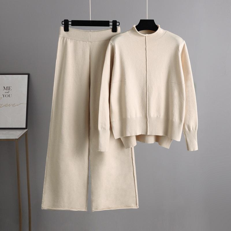 AB06QX Knitted Sweater Two-piece Set Women's Autumn And Winter 2023 New Loose Casual Wide-leg Pants Suit Internet Celebrity Elegant