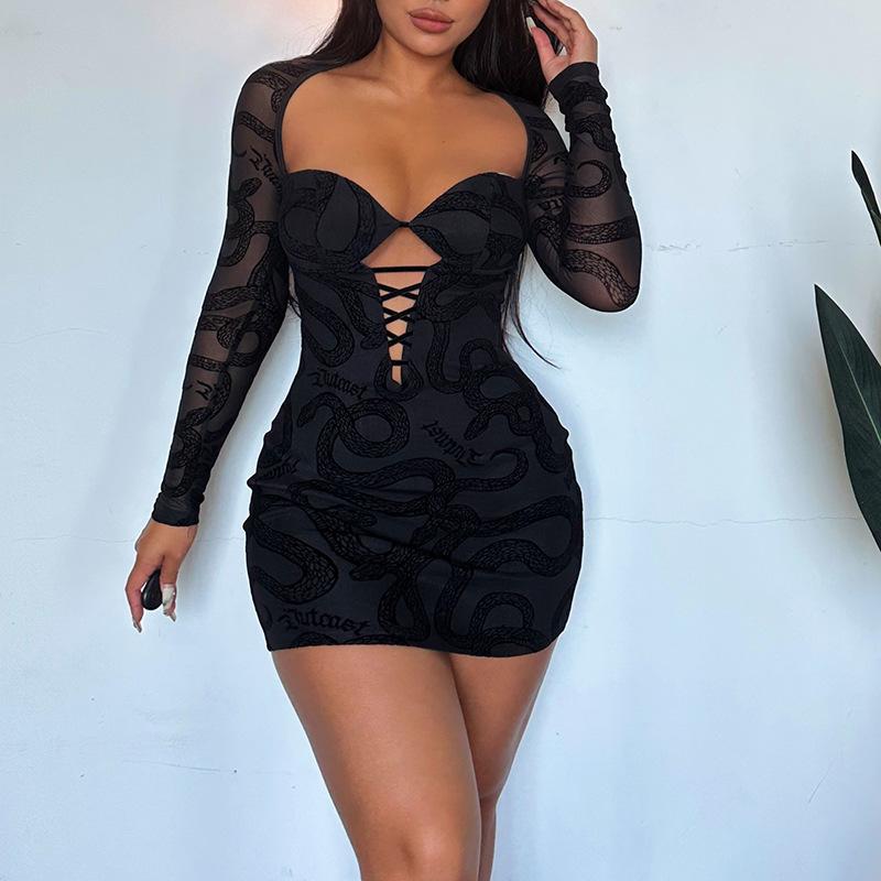 AB03CSJY23427 Lace Long Sleeve Sexy Hollow Flocking Printed Dress Ins European And American Fashion Hot Girl Hip Skirt