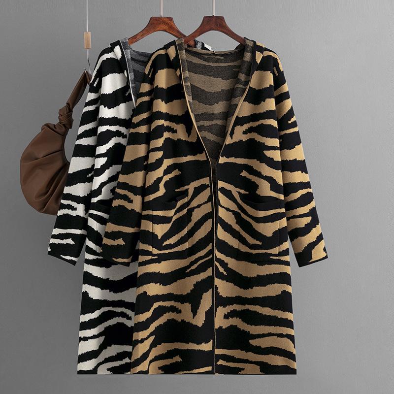 AB06QX Cross-border Knitted Coat Women's 2023 Autumn And Winter New Still V-neck Hat Long Sleeve Zebra Pattern Long Sweater Cardigan