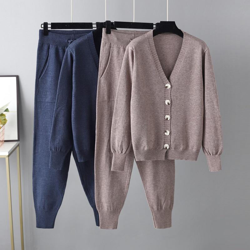 AB06QX Autumn And Winter Foreign Trade New V-neck Cardigan Sweater Harlan Pants Suit Solid Color Cardigan Sweater Two-piece Set