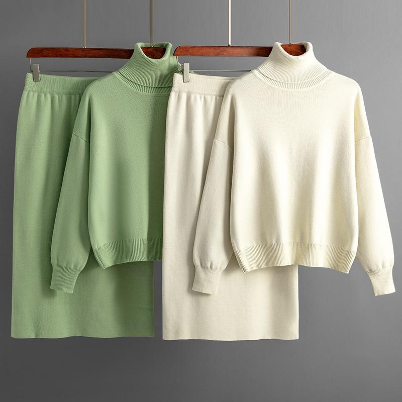 AB06QX Solid Color Turtleneck Sweater Half Hip Skirt Two-piece Set Autumn And Winter New Cross-border Foreign Trade Knitted Suit Women