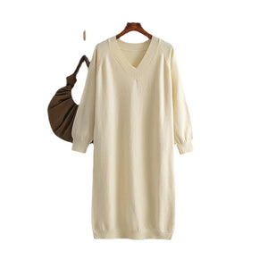 AB06QX V-Neck Plus Size Knitted Dress Autumn And Winter Slimming Women's Casual Loose Belly Covering