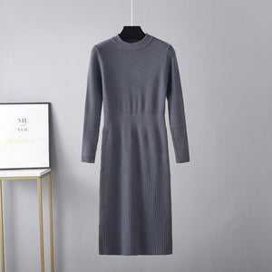 AB06QX Half-high Collar Over-the-knee Long Sweater Autumn And Winter Women's Bag Hip Tight Waist Slim-fit Slim-fit Base Knitted Dress