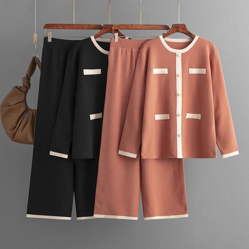 AB06QX 2023 Autumn And Winter New Knitted Wide Leg Pants Slimming Age-reducing Two-piece Small Chanel Style Fashion Casual Suit Women