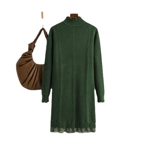 AB06QX Solid Color Half-high Neck Twist Knitted Dress Women's Autumn And Winter Lace Stitching Base Sweater Dress Trendy
